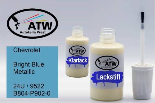 Chevrolet, Bright Blue Metallic, 24U / 9522 B804-P902-0: 20ml Lackstift + 20ml Klarlack - Set, von ATW Autoteile West.